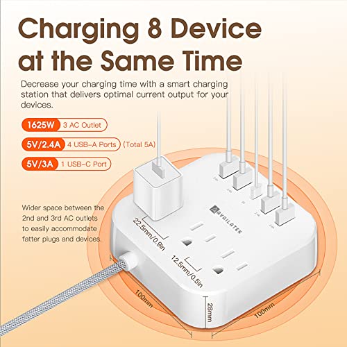 Power Strip, 3 Outlets, 4 USB Charging Ports, 1 USB-C Port, 5Ft Braided Extension Cord. Wall or Desk. Home Office Travel