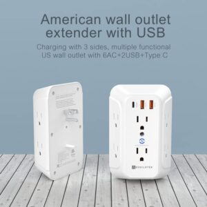 Outlet Extender and USB Wall Charger, 6 Outlets, 2 USB Ports and 1 USB-C Port Surge protector. Multi-outlet for Home, Office, Travel