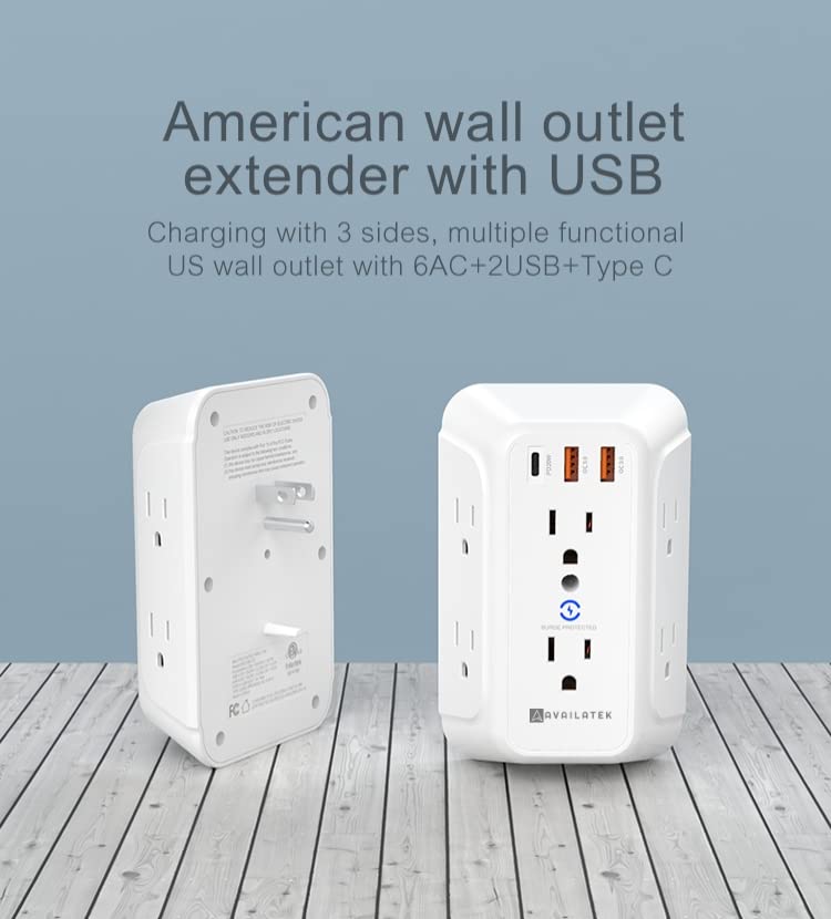 Outlet Extender and USB Wall Charger, 6 Outlets, 2 USB Ports and 1 USB-C Port Surge protector. Multi-outlet for Home, Office, Travel