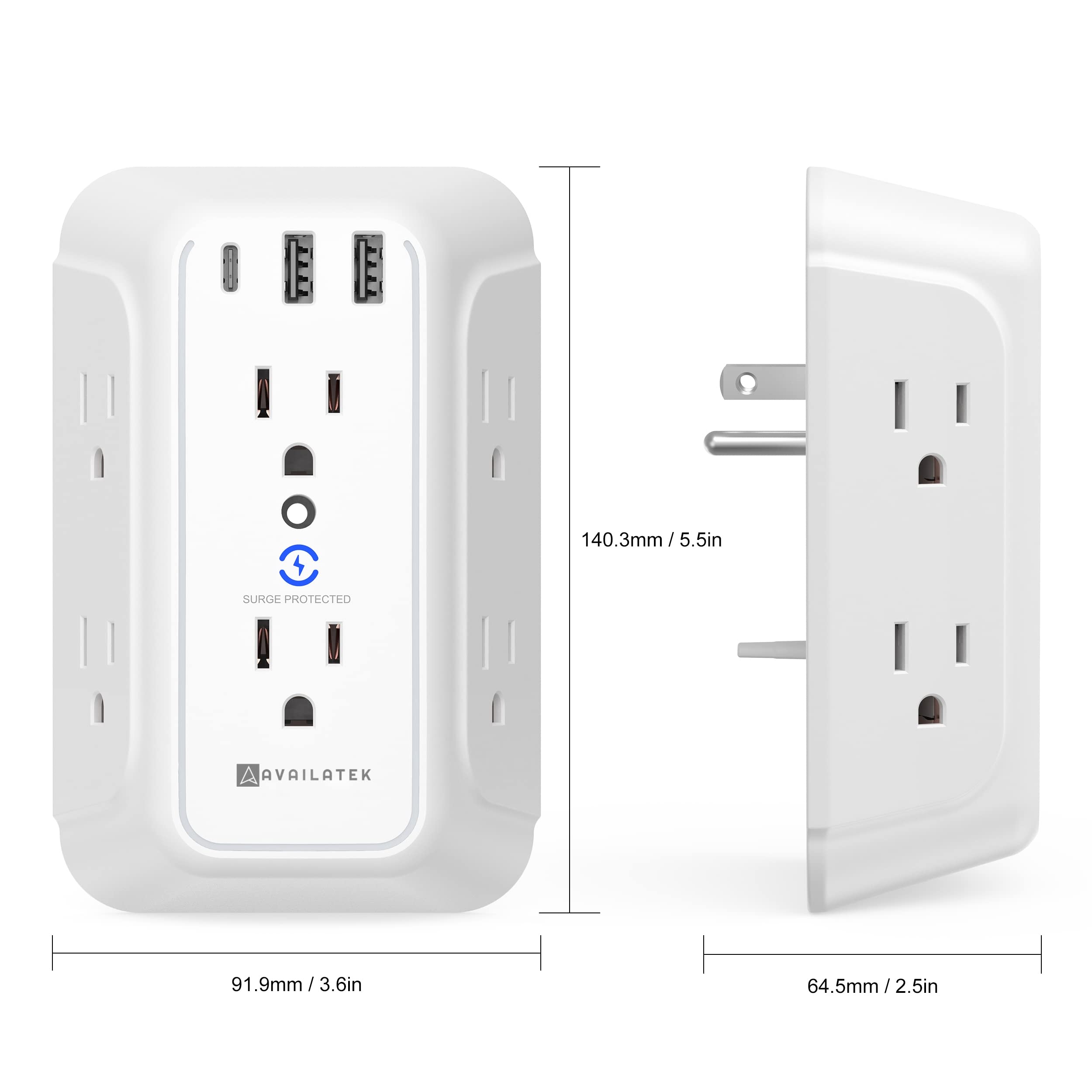 Outlet Extender and USB Wall Charger, 6 Outlets, 2 USB Ports and 1 USB-C Port Surge protector. Multi-outlet for Home, Office, Travel