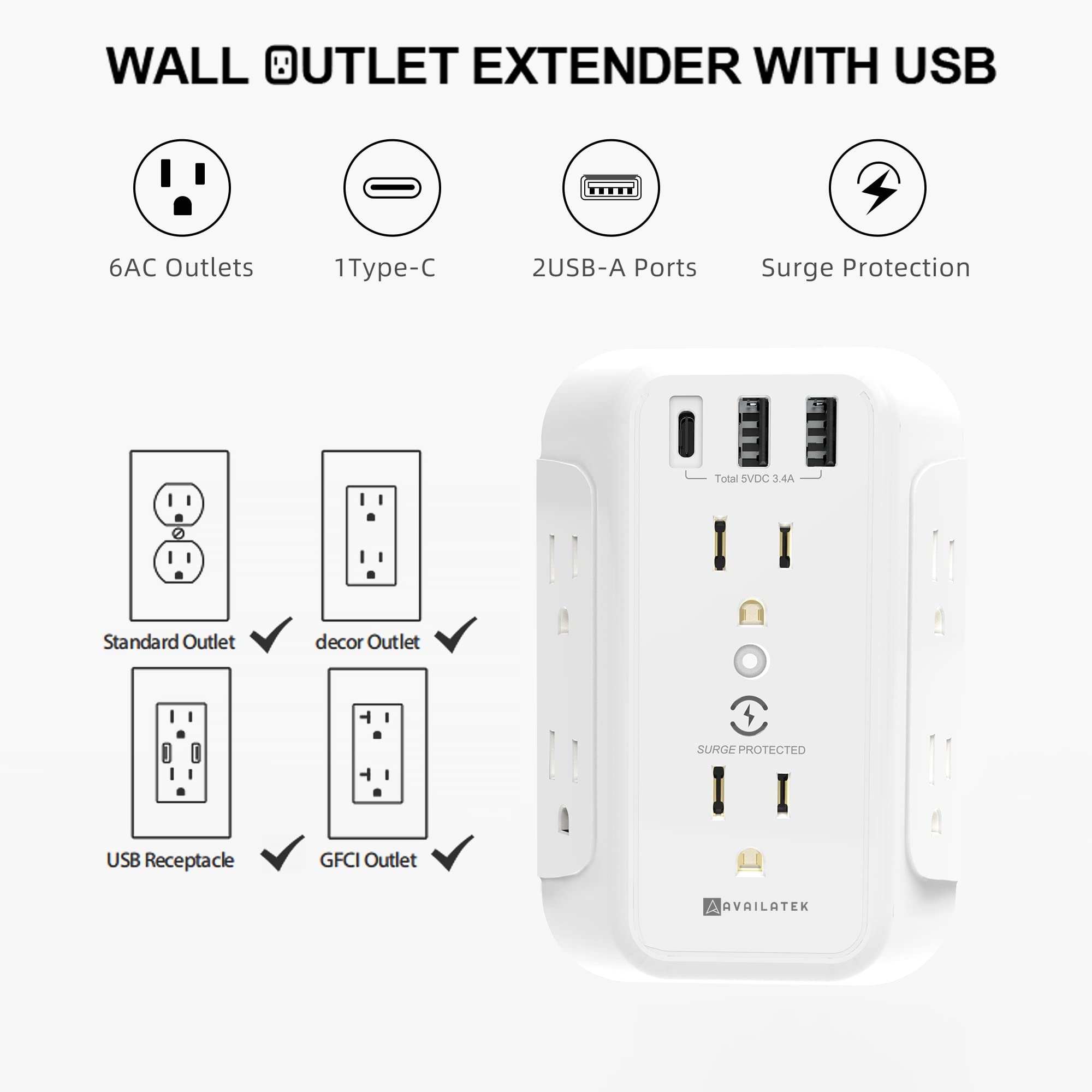 Outlet Extender and USB Wall Charger, 6 Outlets, 2 USB Ports and 1 USB-C Port Surge protector. Multi-outlet for Home, Office, Travel