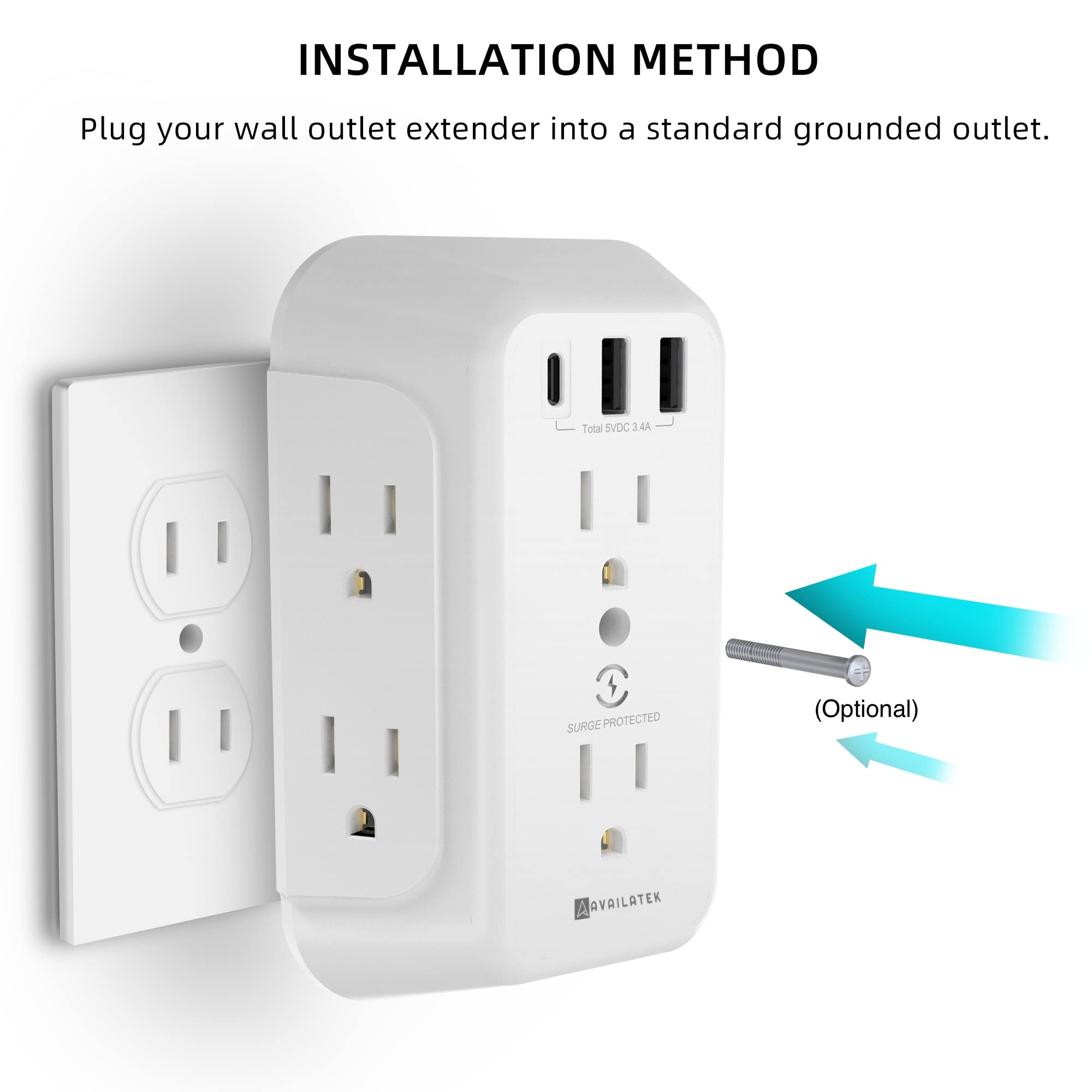 Outlet Extender and USB Wall Charger, 6 Outlets, 2 USB Ports and 1 USB-C Port Surge protector. Multi-outlet for Home, Office, Travel