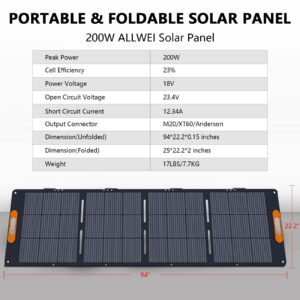 ALLWEI 200W Portable Solar Panel for 1200/2000W Power Station Solar Generator, Foldable 3-in-1 Outputs 18V Solar Charger with Adjustable Kickstand, Waterproof IP68 for Camping Fishing Home Off Grid