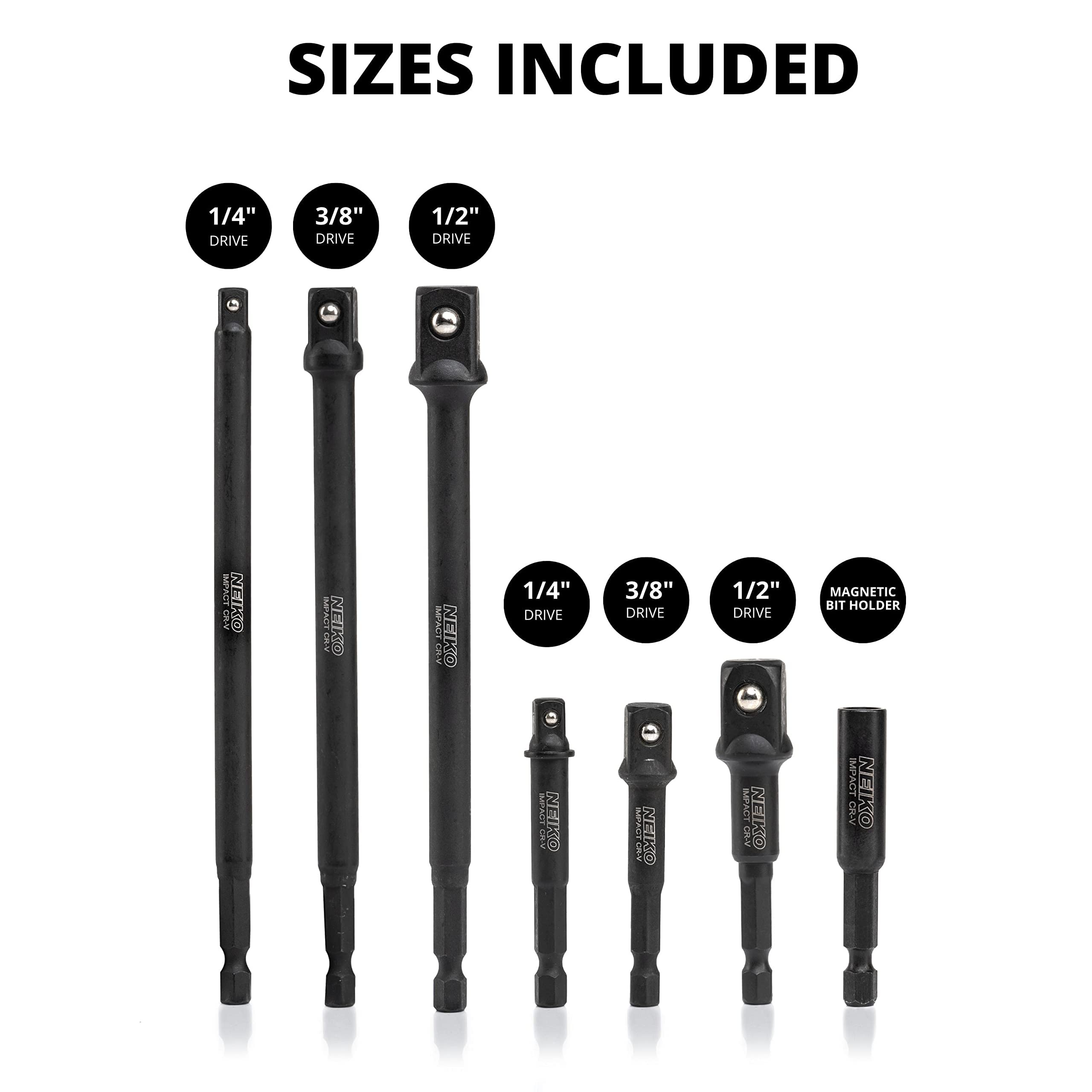 NEIKO 00254A Impact Socket Adapter and Magnetic Bit Holder, 7-Piece Set, 1/4" Hex Shank with 1/4, 3/8, 1/2-Inch Drive, Socket Adapter Extension Set 6" Long, Cr-V Steel, Power Drills & Impact Drivers