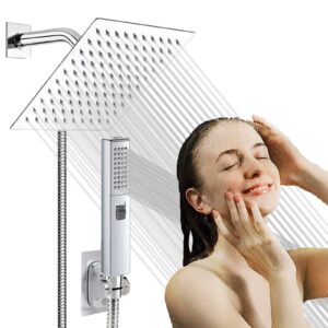 high pressure square rain shower head with handheld spray combo, equipped with 78" stainless steel hose, 3 way diverter valve, adhesive shower head holder, dual shower head set, chrome,awaxfolo