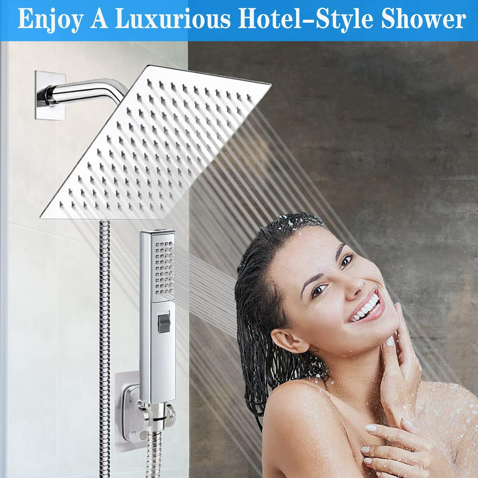 High Pressure Square Rain Shower Head with Handheld Spray Combo, Equipped with 78" Stainless Steel Hose, 3 Way Diverter Valve, Adhesive Shower Head Holder, Dual Shower Head Set, Chrome,AWAXFOLO