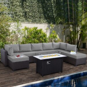 lviden 9 pieces wicker patio furniture set outdoor pe rattan sectional conversation sofa set with grey cushions and 45” gas fire pit table