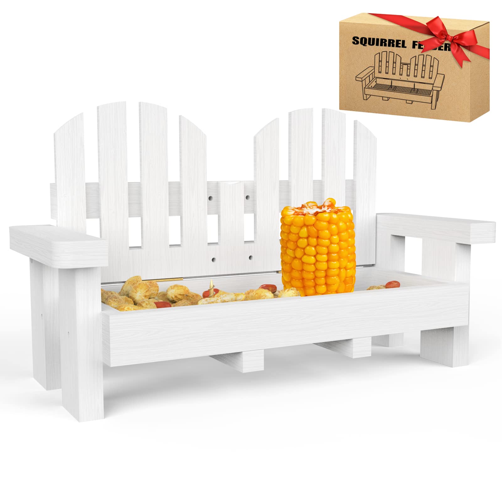 Wood Squirrel Feeder for Outside, White Bench Chair Squirrel feeders Durable Squrrill Picnic Table with 2 Corn Cob Holders for Chipmunk Squirrels…