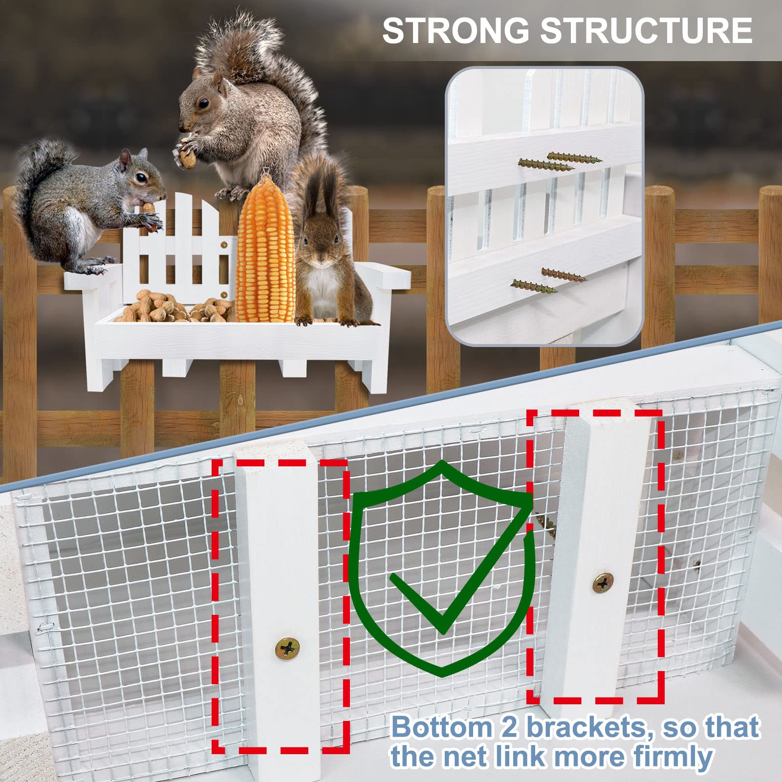 Wood Squirrel Feeder for Outside, White Bench Chair Squirrel feeders Durable Squrrill Picnic Table with 2 Corn Cob Holders for Chipmunk Squirrels…