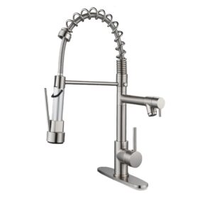 alphyse kitchen faucet with pull down sprayer, single handle high arc spring kitchen sink faucet, grifo para fregaderos de cocina with deck plate, brushed nickel