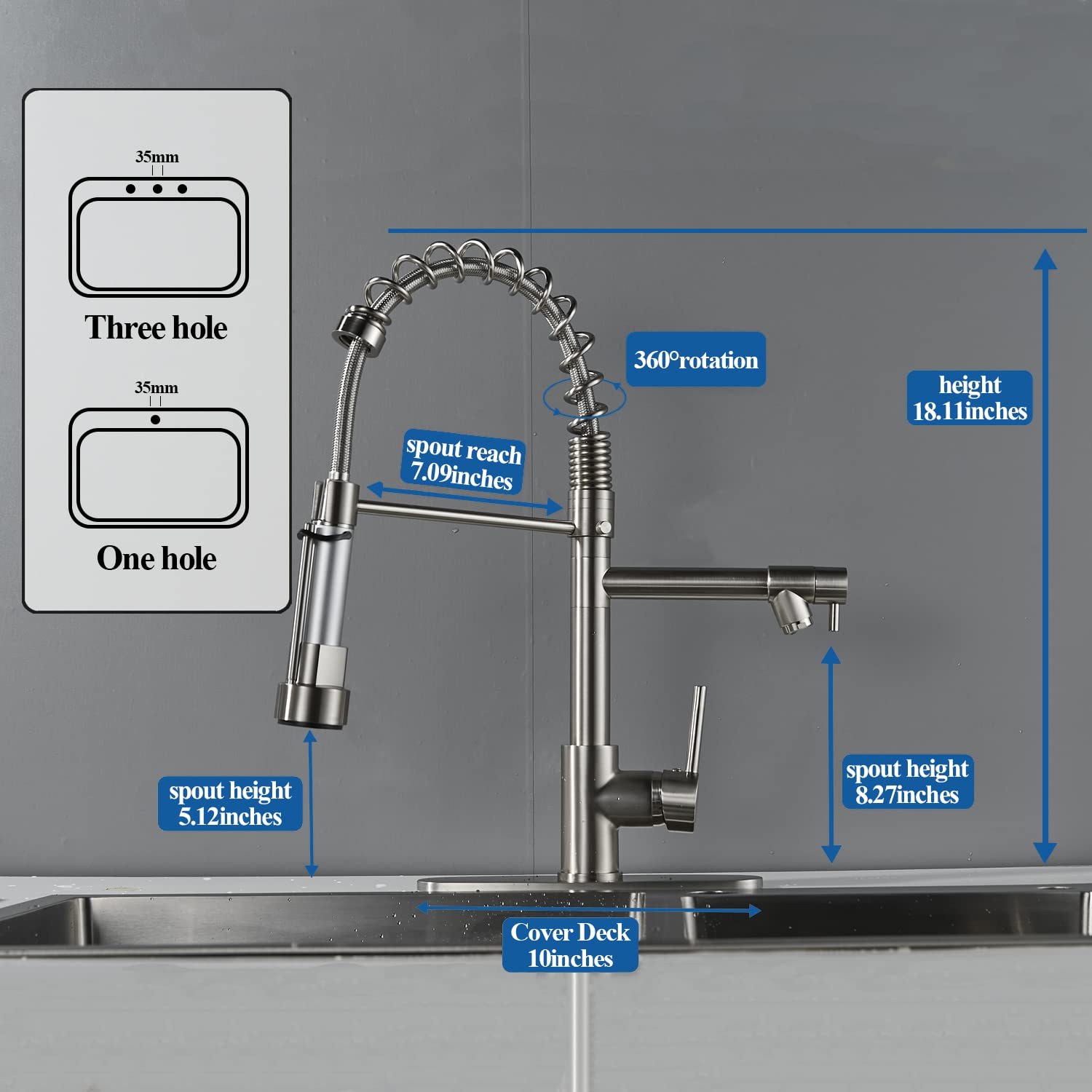 ALPHYSE Kitchen Faucet with Pull Down Sprayer, Single Handle High Arc Spring Kitchen Sink Faucet, Grifo para Fregaderos De Cocina with Deck Plate, Brushed Nickel