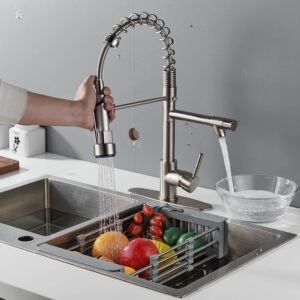 ALPHYSE Kitchen Faucet with Pull Down Sprayer, Single Handle High Arc Spring Kitchen Sink Faucet, Grifo para Fregaderos De Cocina with Deck Plate, Brushed Nickel