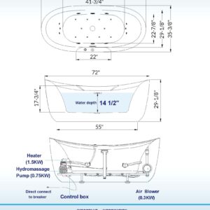 WOODBRIDGE 72" x 35-3/8" Whirlpool Water Jetted and Air Bubble Freestanding Heated Soaking Combination Bathtub with LED control panel, BJ400