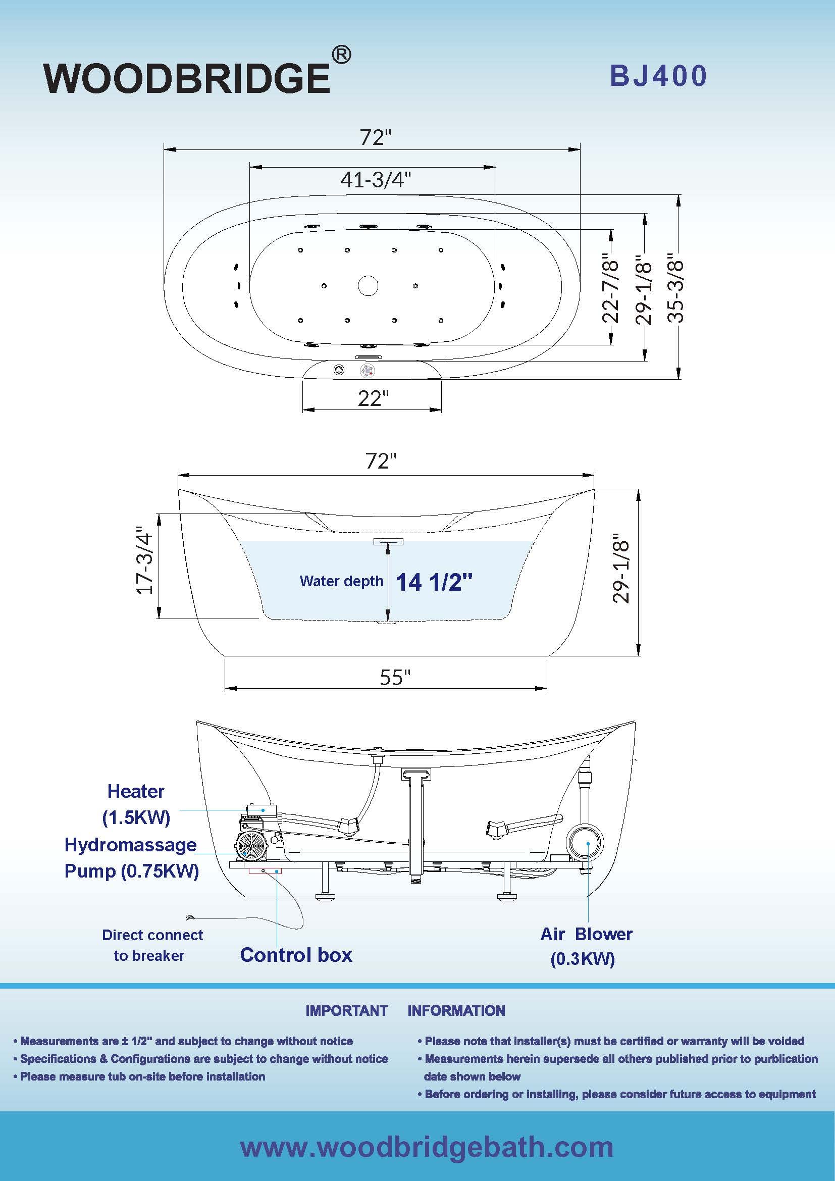 WOODBRIDGE 72" x 35-3/8" Whirlpool Water Jetted and Air Bubble Freestanding Heated Soaking Combination Bathtub with LED control panel, BJ400