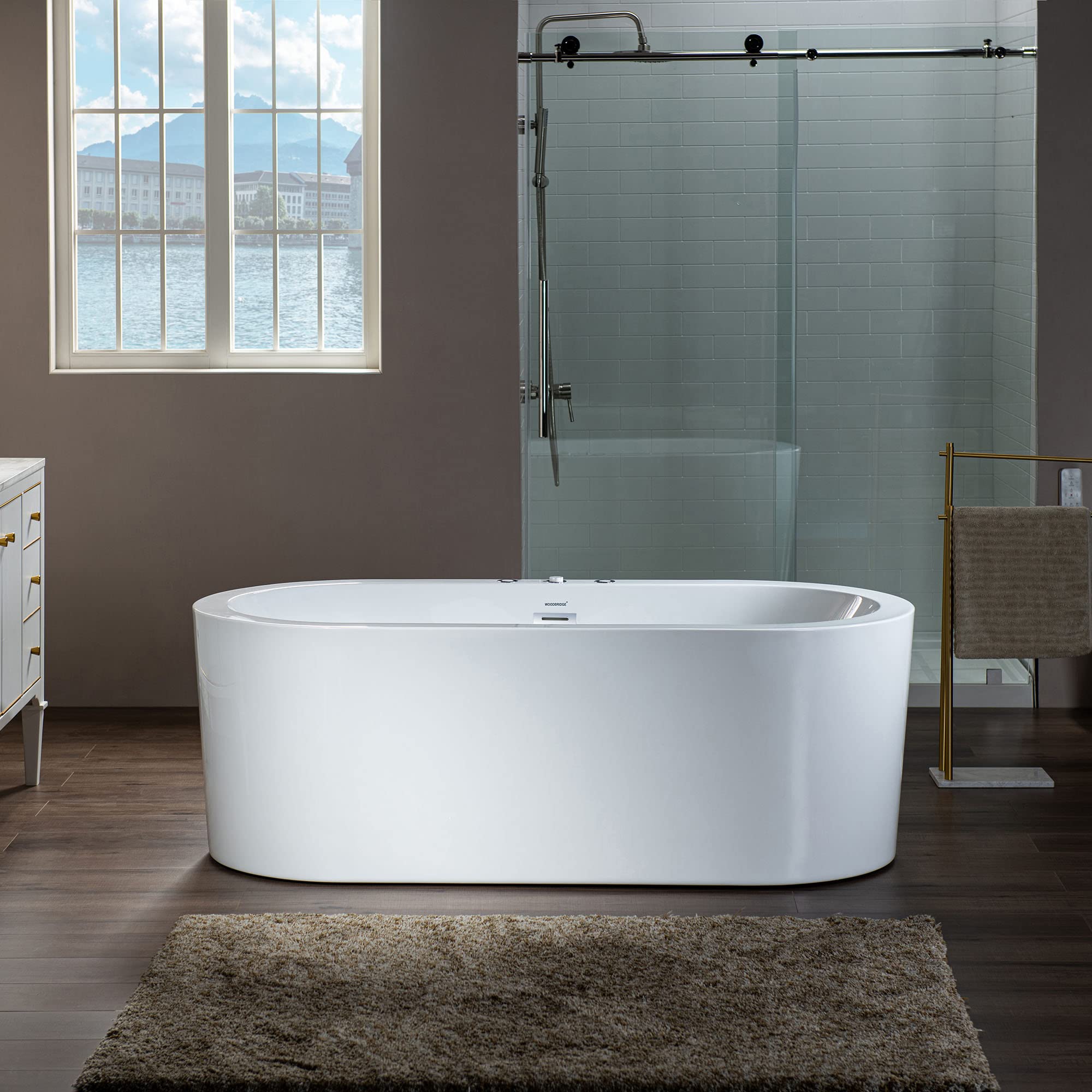 WOODBRIDGE 66-1/2" x 31-7/8" Whirlpool Water Jetted and Air Bubble Freestanding Heated Soaking Combination Bathtub, BJ200
