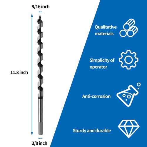 Litoexpe 9/16 Inch x 12 Inch Auger Drill Bit, 3/8-Inch Hex Shank Ship Auger Long Drill Bit for Wood, Plastic, Drywall and Composite Materials