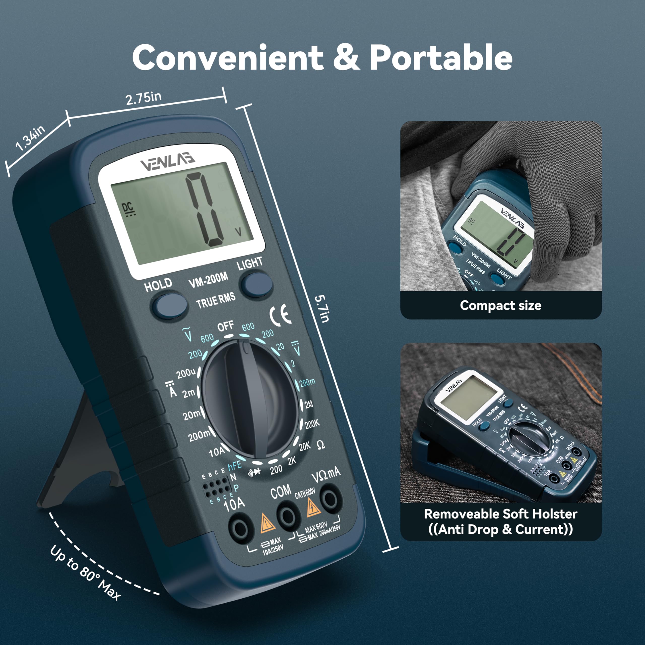 VENLAB Digital Multimeter DC AC Voltmeter, Ohm Meter, Fast Accurately Measures Voltage, Current, Resistance, Continuity, Diode, hFE, Tests Live Wire