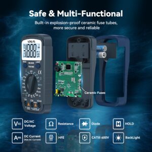 VENLAB Digital Multimeter DC AC Voltmeter, Ohm Meter, Fast Accurately Measures Voltage, Current, Resistance, Continuity, Diode, hFE, Tests Live Wire