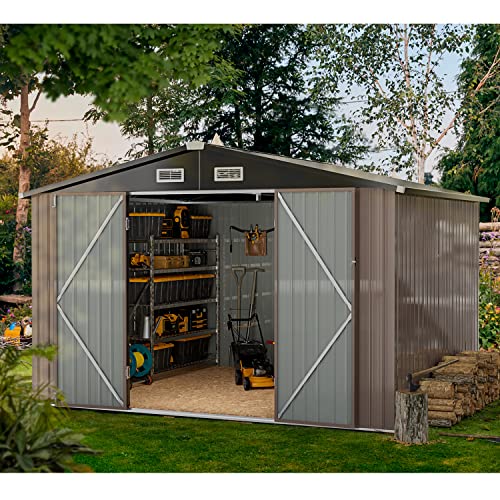 Aoxun Outdoor Shed - 10 x 8 ft Storage Sheds Galvanized Metal Shed with Air Vent and Slide Door, Tool Storage Shed Bike Shed, Tiny House Garden Tool Storage Shed for Backyard Patio Lawn (Floor Frame)