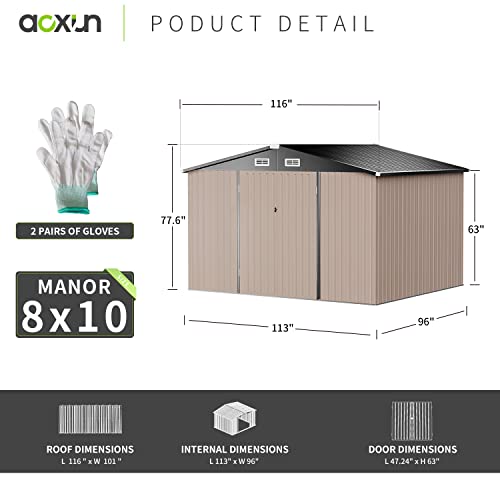 Aoxun Outdoor Shed - 10 x 8 ft Storage Sheds Galvanized Metal Shed with Air Vent and Slide Door, Tool Storage Shed Bike Shed, Tiny House Garden Tool Storage Shed for Backyard Patio Lawn (Floor Frame)