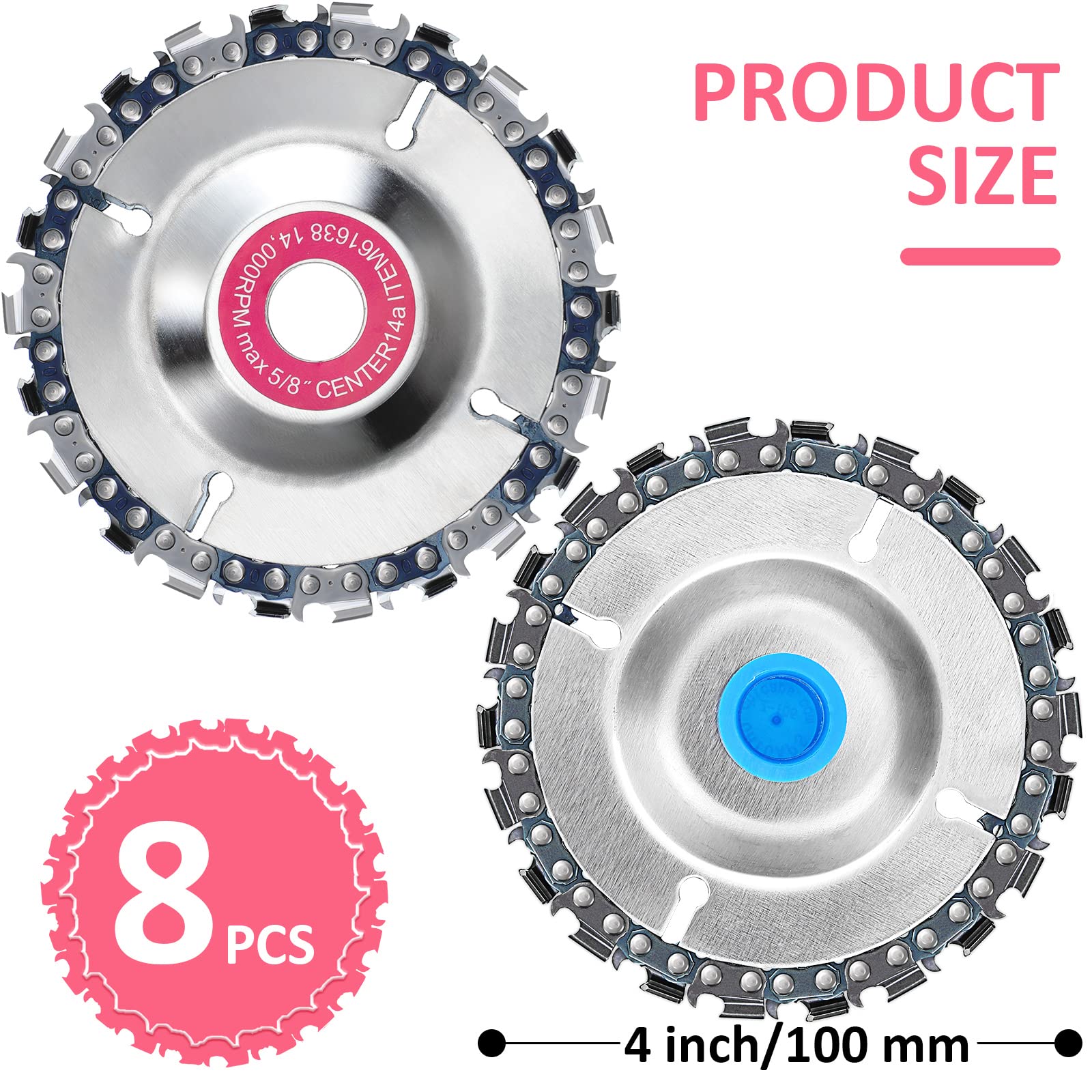 Newwiee 8 Pcs 5/8 Inch Wood Carving Chain Disc 4 Inch 22 Teeth Saw Blade Grinder Wood Carving Disc for 4 Inch/ 4-1/2 Inch Angle Grinder Grinding Shaping Attachment Chainsaw Grinder Wheel