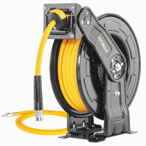 airzilla premium steel retractable air hose reel with dual arm, 3/8"x50ft hybrid polymer hose, heavy duty air hose reel included auto rewind reel | quick air coupler | durable double side frame.