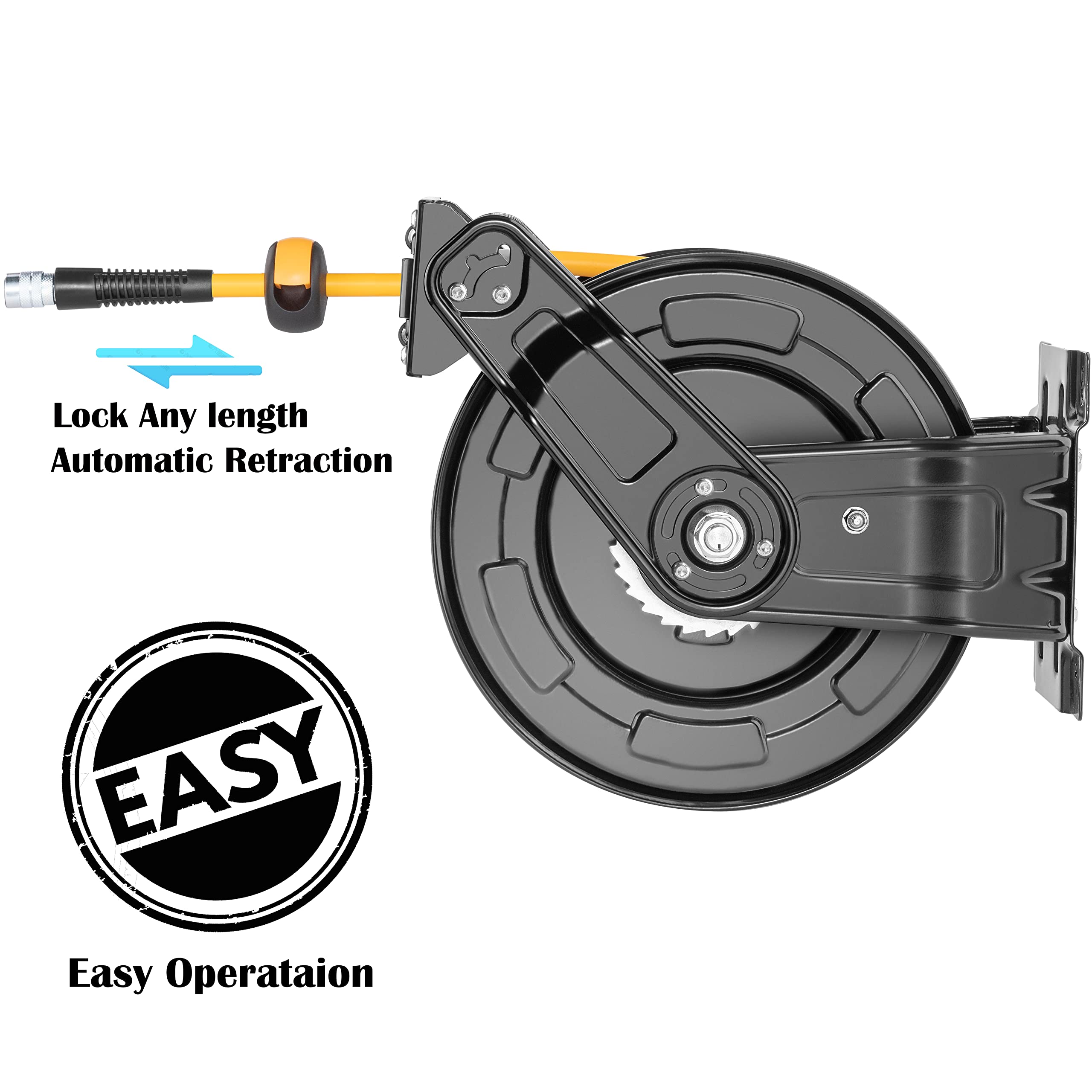 AIRZILLA Premium Steel Retractable Air Hose Reel With Dual Arm, 3/8"x50Ft Hybrid Polymer Hose, Heavy Duty Air Hose Reel included Auto Rewind Reel | Quick Air Coupler | Durable Double side Frame.