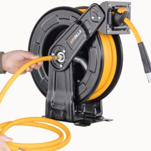 AIRZILLA Premium Steel Retractable Air Hose Reel With Dual Arm, 3/8"x50Ft Hybrid Polymer Hose, Heavy Duty Air Hose Reel included Auto Rewind Reel | Quick Air Coupler | Durable Double side Frame.