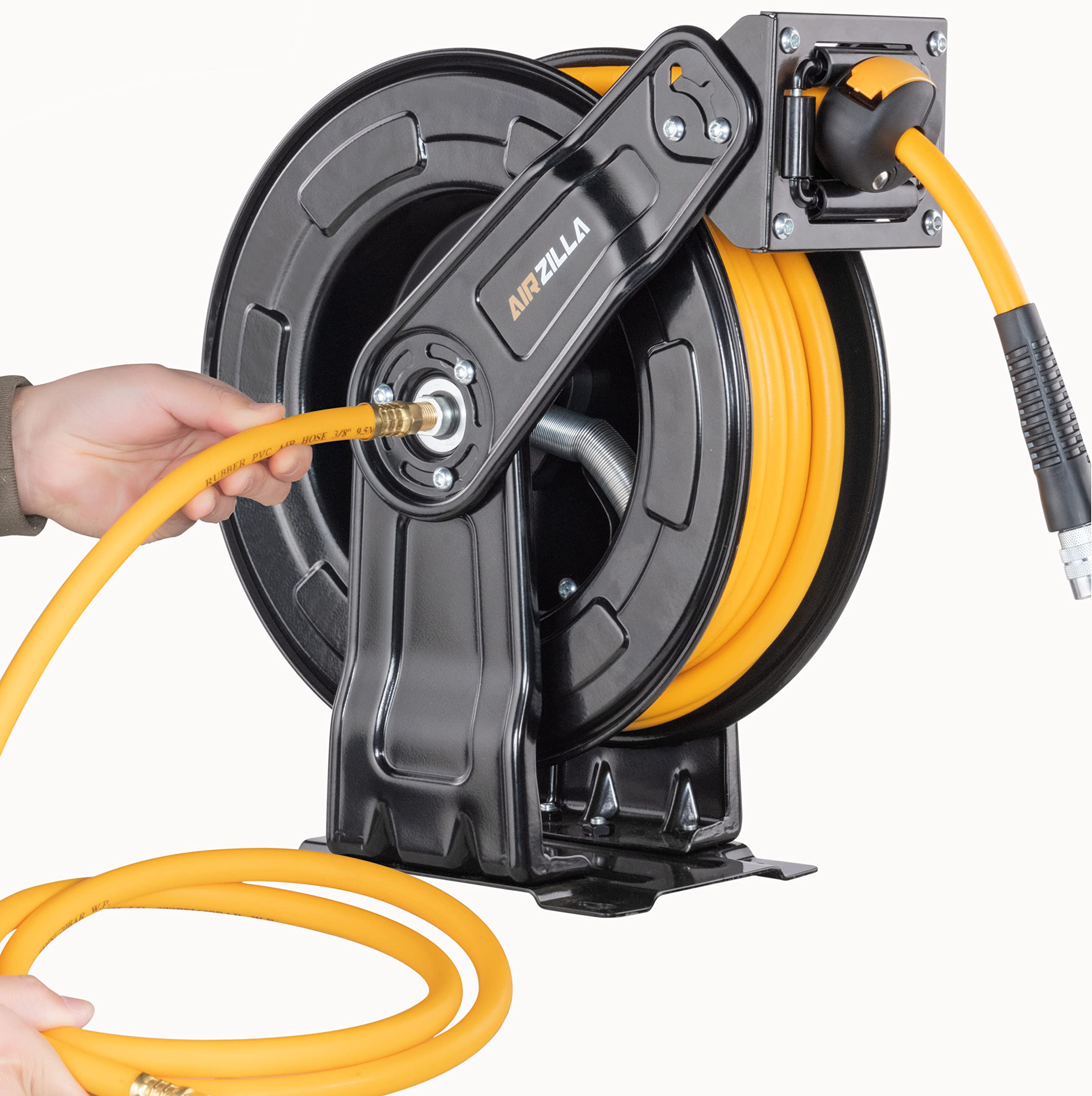 AIRZILLA Premium Steel Retractable Air Hose Reel With Dual Arm, 3/8"x50Ft Hybrid Polymer Hose, Heavy Duty Air Hose Reel included Auto Rewind Reel | Quick Air Coupler | Durable Double side Frame.