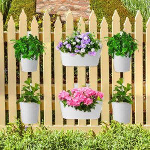 MADHOLLY 6 Pack Metal Iron Fence Hanging Planters with Drainage- 10.6" & 5.1" Hanging Flower Pots for Balcony Railing- Hanging Buckets for Herb Planter Outdoor Deck & Rail Decor with Hook, White