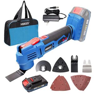 herzo 20v cordless oscillating tool kit,17000 opm variable speed, 3° oscillating angle, battery powered multi tool for cutting, scraping, grinding and sanding
