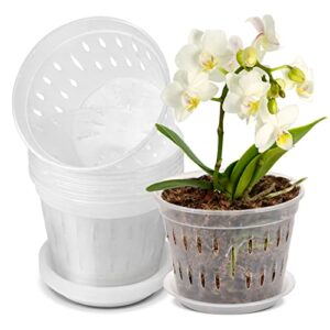 jgb 9 pack 7 inches orchid pots for repotting, clear orchid pot with holes and saucers, breathable slotted orchid planters, plastic flower plant pots indoor and outdoor