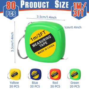 80 Pcs Small Tape Measure Keychains Functional Mini Retractable Measuring Tape with Lock Pocket Portable Measurement Tape Bulk for Construction Party Favors Birthday Gift Daily, 4 Colors(3 ft)