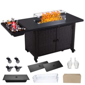 43 in propane fire pit table,wicker patio fire pit table,60,000 btu gas fire pit table,removable ice bucket/fire pit,csa certification,with glass wind guard,lid and wheel,for outdoor,patio,courtyard