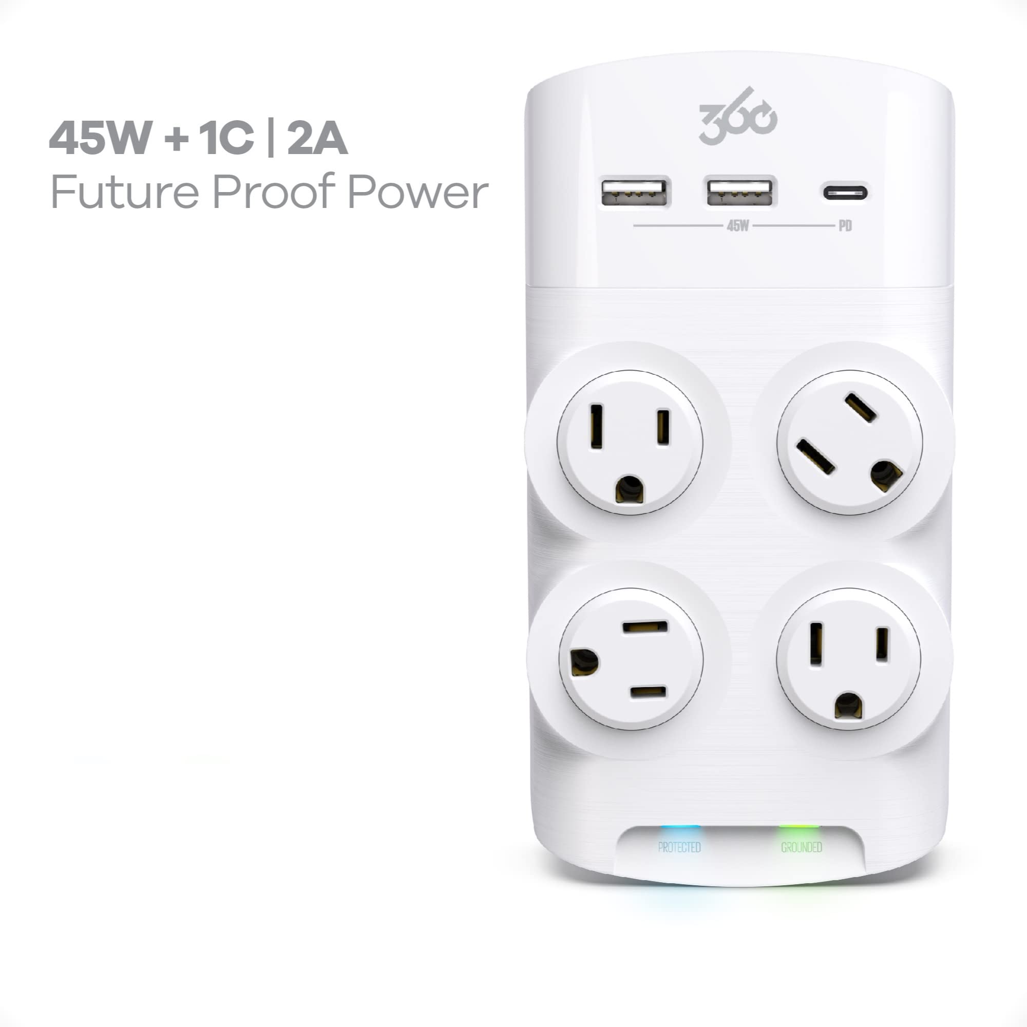 360 Electrical Revolve Wall Tap Power Surge Protector with 2 USB Ports, 1 USB C Port, 4 45 W Rotating Outlets, Multi Plug Outlet Splitter, Adapter for Electric Wall Outlet, Swivel Outlets Fit 4 Plugs