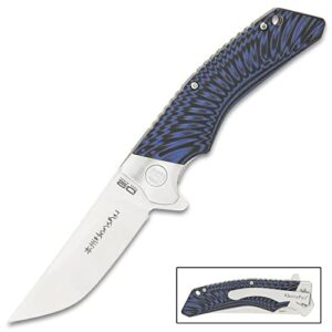 honshu black and blue sekyuriti ball bearing pocket knife - d2 tool steel blade, g10 handle scales, steel pocket clip, lanyard hole – the perfect everyday carry - 4 1/2" closed