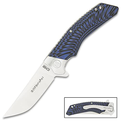 Honshu Black and Blue Sekyuriti Ball Bearing Pocket Knife - D2 Tool Steel Blade, G10 Handle Scales, Steel Pocket Clip, Lanyard Hole – The Perfect Everyday Carry - 4 1/2" Closed