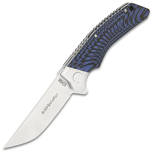 Honshu Black and Blue Sekyuriti Ball Bearing Pocket Knife - D2 Tool Steel Blade, G10 Handle Scales, Steel Pocket Clip, Lanyard Hole – The Perfect Everyday Carry - 4 1/2" Closed