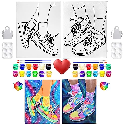 Indigo Art Studio Pre Drawn Canvas Paint Kit for Adults Couples | 2 PACK Bundle | King Queen Love Sneakers | DIY Birthday Gift & Sip and Paint With Twist Party Favor (8x10 Inches)