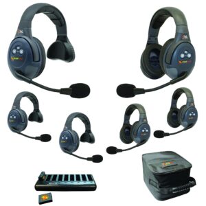 eartec evade evx633 full duplex wireless intercom system with 3 single 3 dual speaker headsets