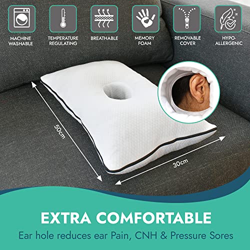 Holey Pillows Ergonomic Firm Memory Foam Ear Pillow with Ear Hole | 50x30cm | for Side Sleepers, Ear Pain & Post-Piercing Relief | Ideal for Chondrodermatitis CNH | Firm Support