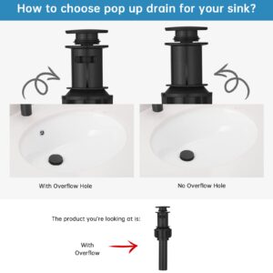 RUMOSE Bathroom Sink Drain with Overflow, Matte Black Pop Up Drain Stopper Lavatory Vanity Vessel Sink Drain, Fits Standard Drain Hole Anti Clog Plastic Pop-up Sink Drain Stopper