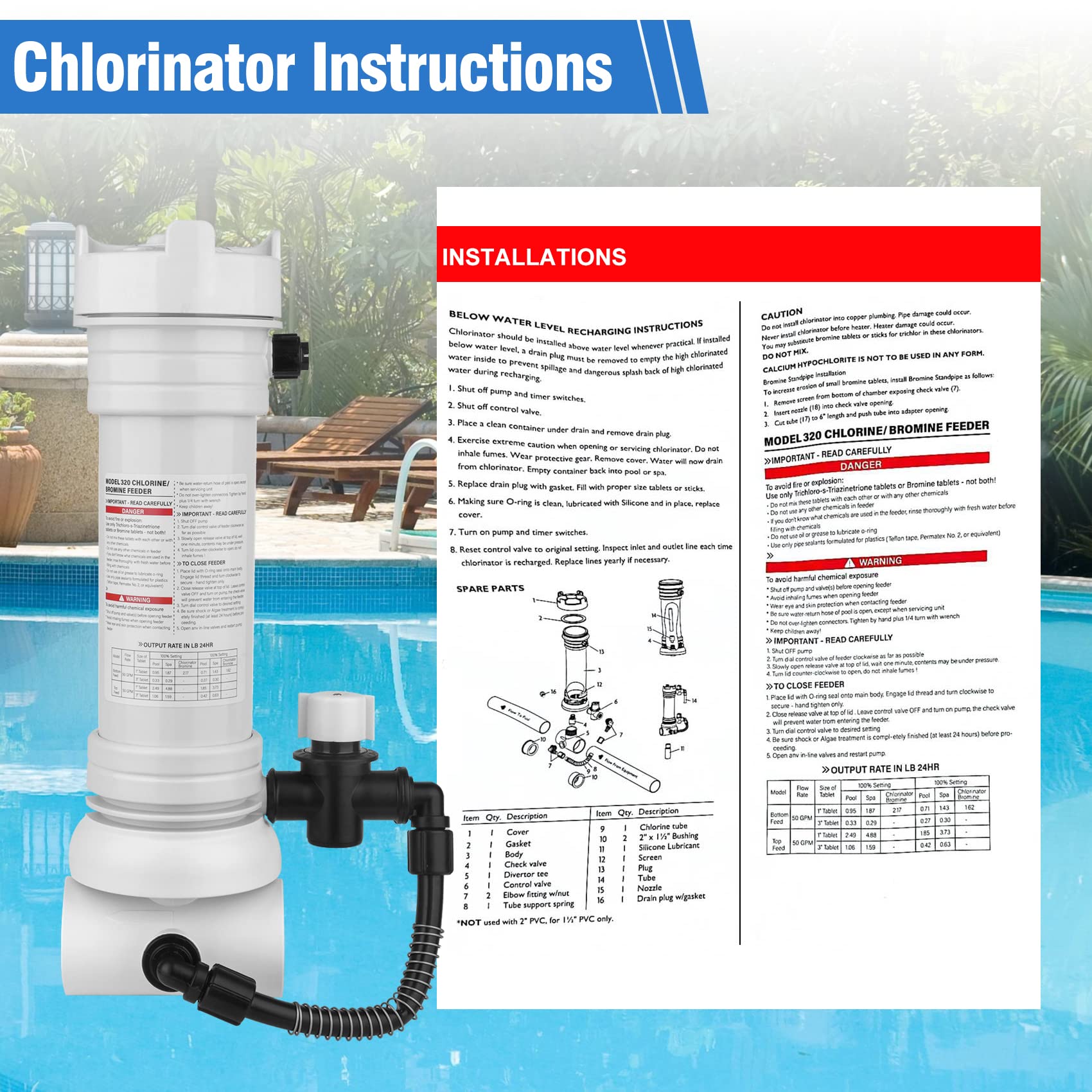 Upgraded 320 Pool Automatic Chlorine/Bromine Inline Feeder Compatible with Rainbow 320 Chlorinator, R171096 Feeder with Complete Accessories, One Year Warranty