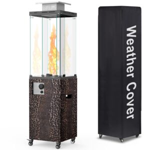 otsun 56'' patio heater, outdoor propane heater with wheels, metal hood, weather cover, 41000 btu gas fireplace, 201 double tempered glass