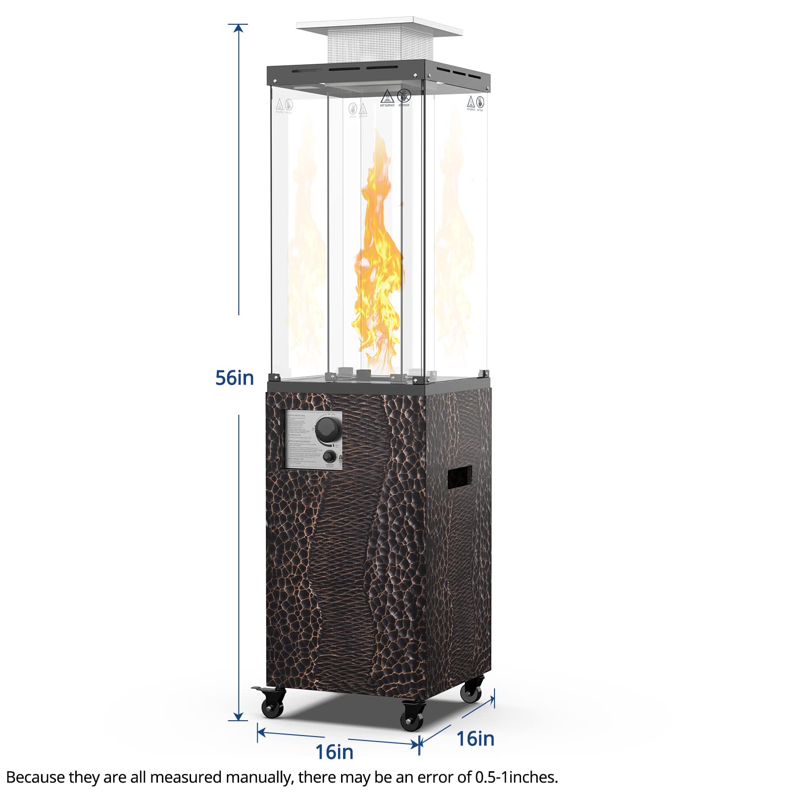 OTSUN 56'' Patio Heater, Outdoor Propane Heater with Wheels, Metal hood, Weather Cover, 41000 BTU Gas Fireplace, 201 Double Tempered glass