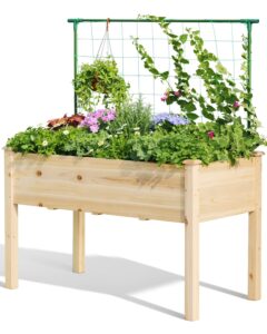 quictent 48x24x30in raised garden bed with trellis, elevated wood planter box stand for backyard, patio, balcony w/bed liner, 200lb capacity