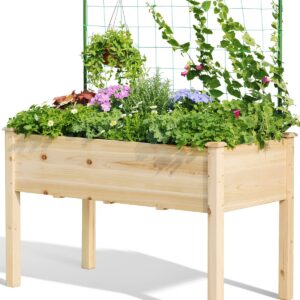 Quictent 48x24x30in Raised Garden Bed with Trellis, Elevated Wood Planter Box Stand for Backyard, Patio, Balcony w/Bed Liner, 200lb Capacity