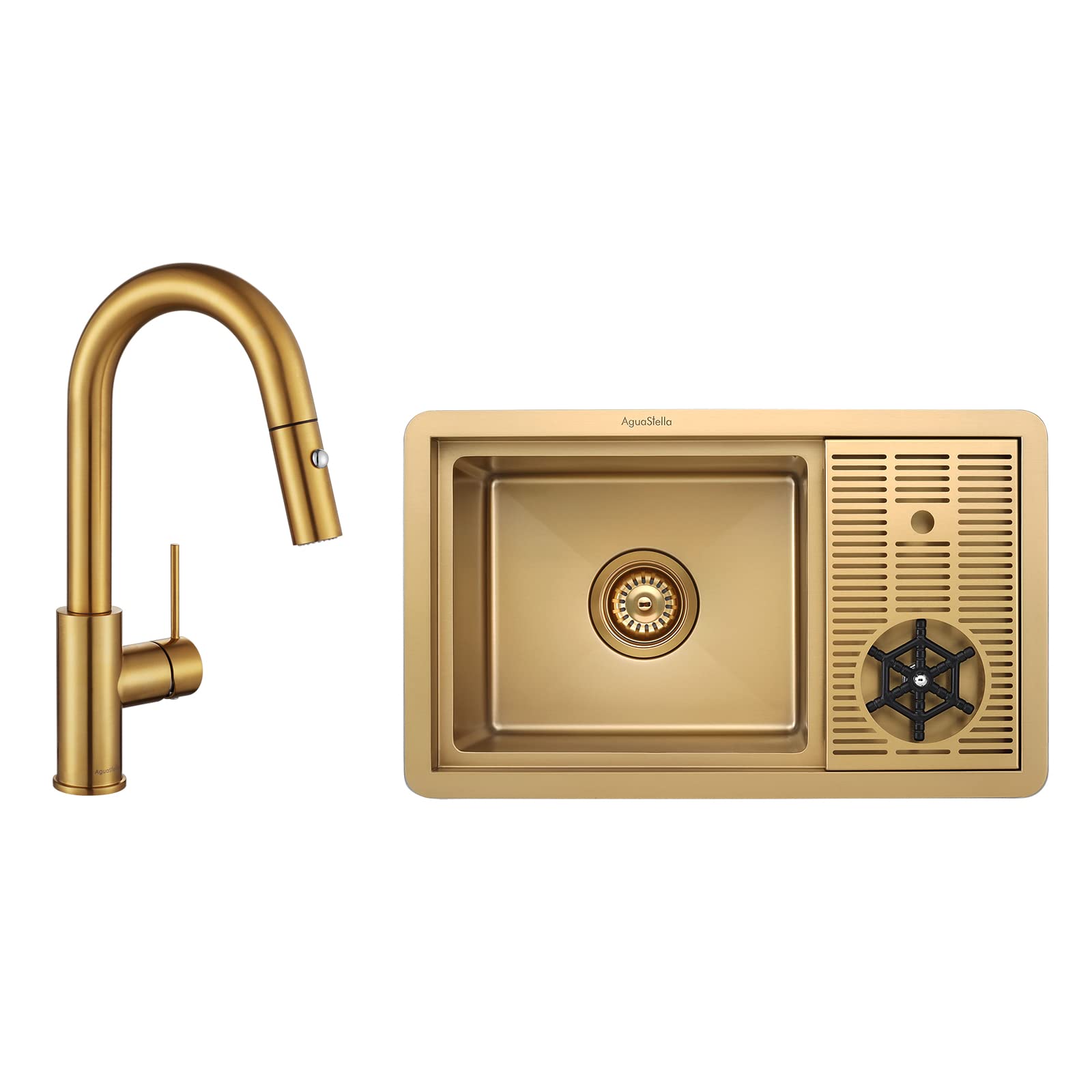 AS1514XG Brushed Gold Bar Sink with Glass Riner and AguaStella AS59BG Brushed Gold Pull Down Bar Faucet