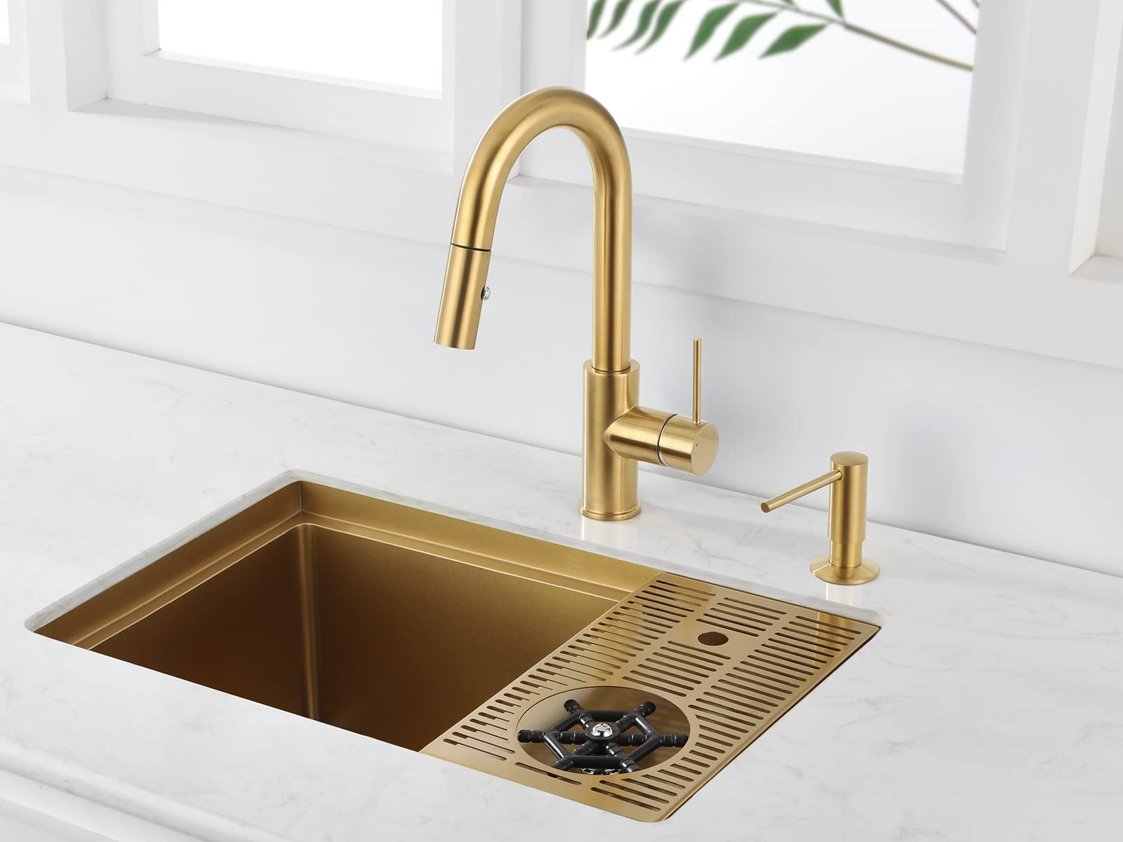 AS1514XG Brushed Gold Bar Sink with Glass Riner and AguaStella AS59BG Brushed Gold Pull Down Bar Faucet