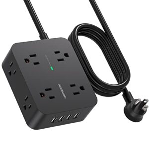 hanycony power strip surge protector, 5 ft exetnsion cord with multiple outlets, outlet extender with 4 usb ports, flat plug, wall mount for home office dorm room essentials, eti listed, black